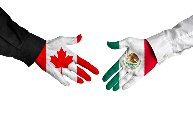 Canada and Mexico leaders shaking hands on a deal agreement