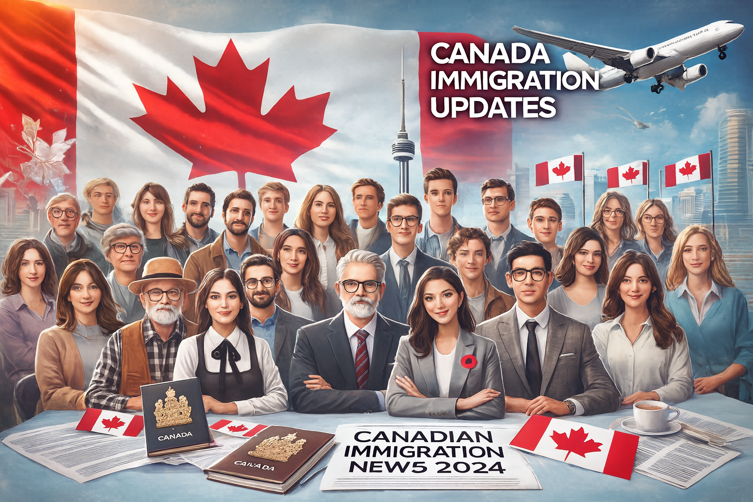 Canada immigration updates 2025 — Canadian flag, Parliament, and CN Tower illustration.