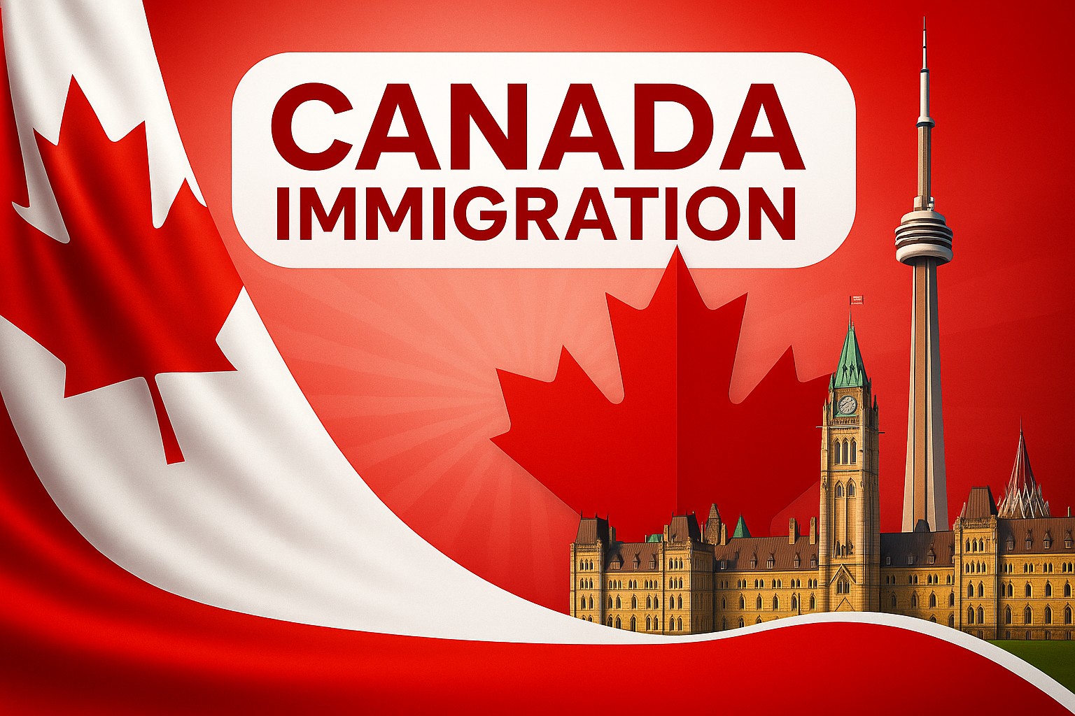 Canada immigration updates 2026 – Canadian flag, Toronto skyline, and immigration announcement graphic.